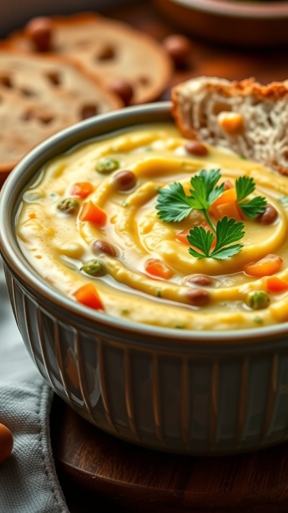 A bowl of creamy mashed vegetable soup garnished with parsley, served with crusty bread.